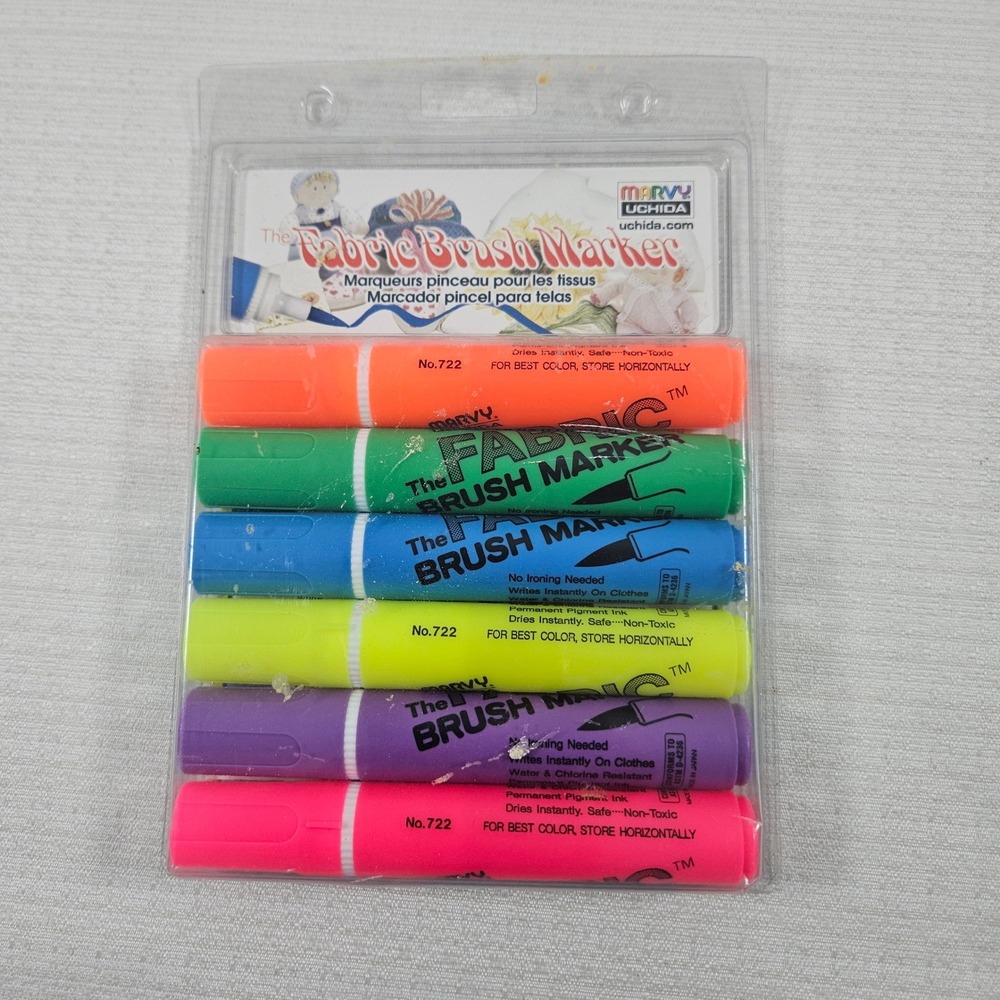 Vtg NOS Marvy Uchida Fabric Brush Marker Set 6 Colors Permanent Pigment Ink
